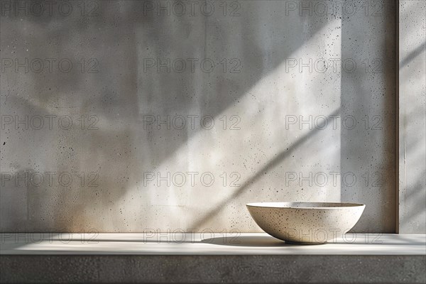 A simple ceramic bowl on a table, casting a shadow in a tranquil, sunlit room, AI generated