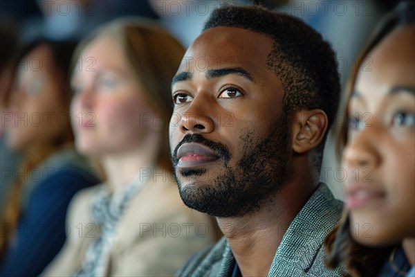 An attentive man listening intently in an audience during an event or seminar, AI generated