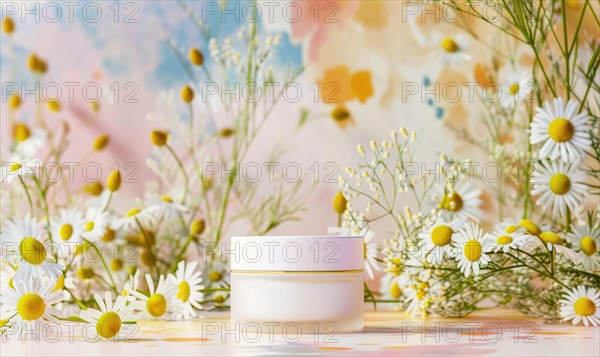 Blank cosmetic jar mockup placed on an elegant watercolor chamomile background, skin care and beauty AI generated