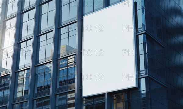 Blank screen banner mockup displayed on the modern building facade. Close Up view AI generated