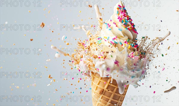 Ice cream cone explosion on white background AI generated