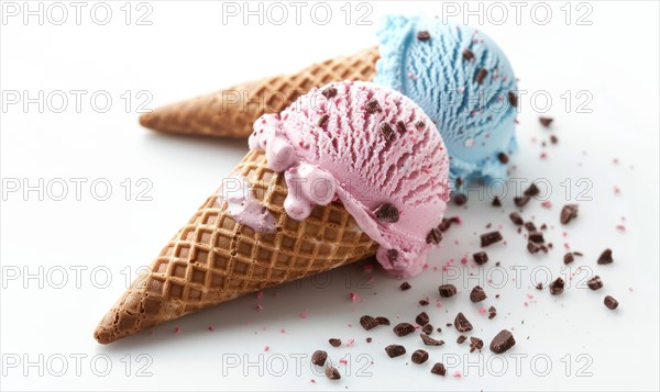 Neapolitan ice cream cones on white background AI generated