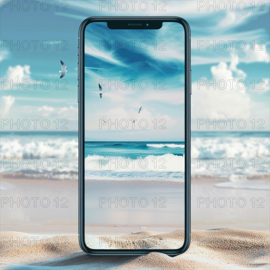 Smartphone mockup with a blank screen on a tranquil beach background, travel and tourism AI generated