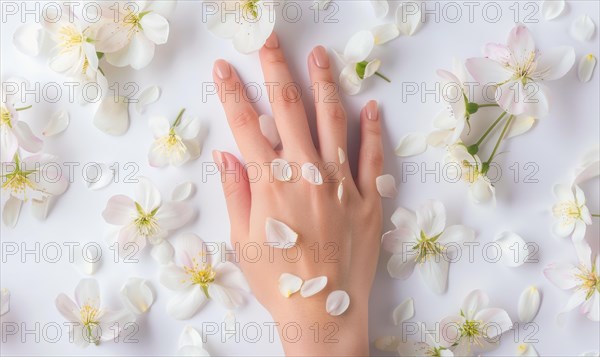 Woman's hand on white background with flower petals around AI generated