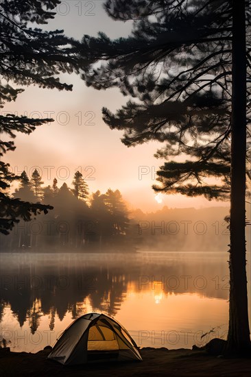 Misty morning tent overlooking serene lake with pine tree silhouettes, AI generated