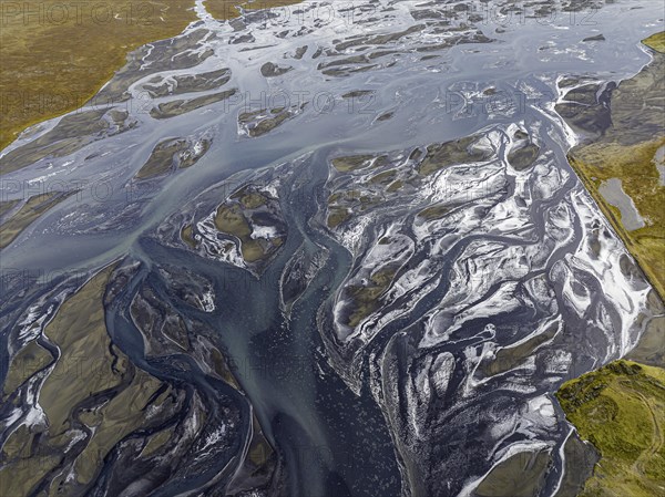 Overgrown river landscape, Eldhraun, near Kirkjubaejarklaustur, drone image, Sudurland, Iceland, Europe