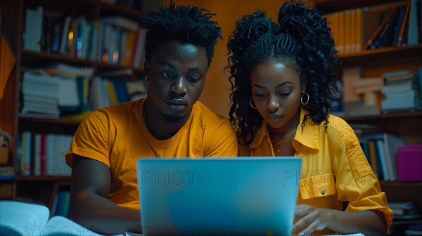 Two african young beautiful students in orange yellow shirts studying together at night in front of a laptop surrounded by books, AI generated