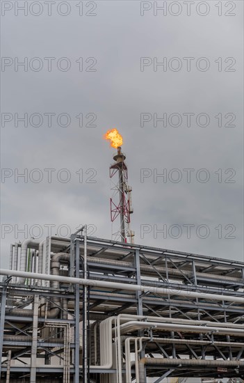Fire atop a flare stack within a sprawling industrial facility under an overcast sky, in Ulsan, South Korea, Asia