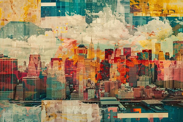 Vibrant abstract mixed media piece featuring a cityscape with skyscrapers at sunset, illustration, AI generated