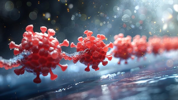 3D rendering of virus particles, symbolic of a disease outbreak, AI generated