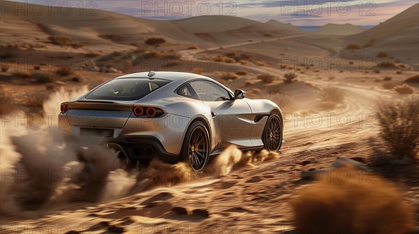 Italian silver luxury all road traction sports car speeding through a desert with a trail of dust, AI generated