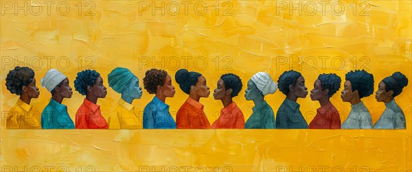 Eleven profiles of African women with colorful attire and headscarves against a textured yellow background, banner 3:1 wide style, horizontal aspect ratio, AI generated