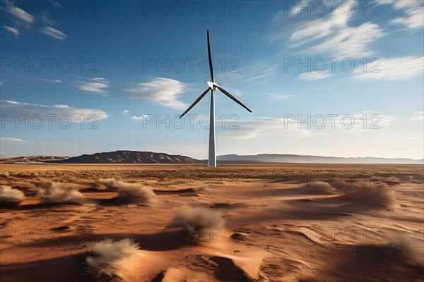 WiWind turbine standing idle in a still lifeless desert representing the challenges of transition, AI generated
