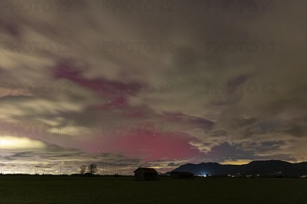 Red northern lights over Upper Bavaria, Aurora borealis, Loisach-Lake Kochel moor, Bavaria, Germany, Europe