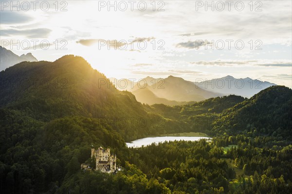 Hohenschwangau Castle, foehn storm, sunset, near Fuessen, Ostallgaeu, Allgaeu, Bavaria, Germany, Europe