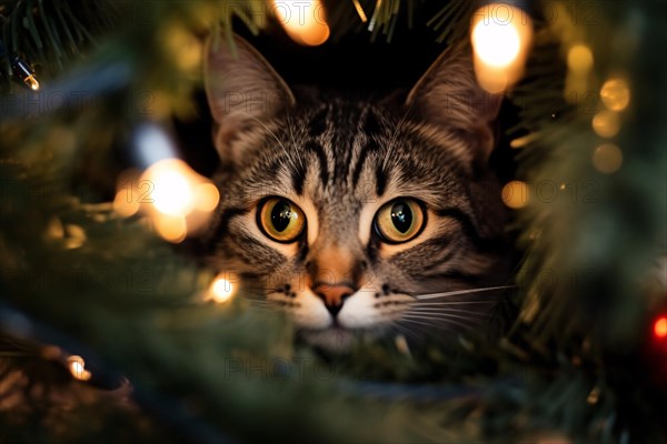 Cute tabby cat hiding in Christmas tree. KI generiert, generiert, AI generated