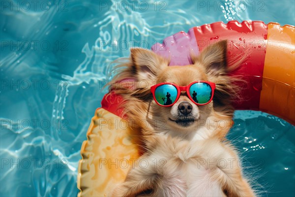 Cute Pomeranian dog with red sunglasses lying in floating tire in swimming pool water. KI generiert, generiert, AI generated