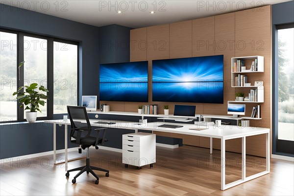 Modern home office featuring a great dual monitor, AI generated