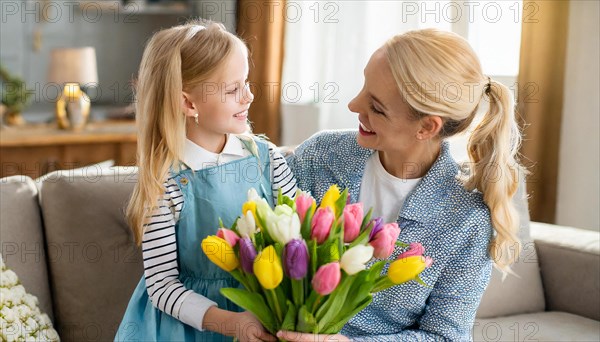A cheerful girl hands a woman a colourful bouquet of tulips in a cosy living room, symbol of Mother's Day, AI generated, AI generated