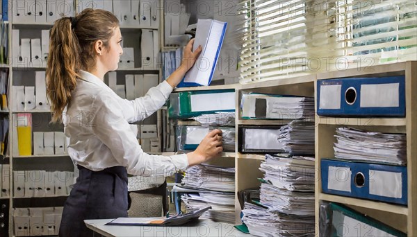 A woman takes a folder from the shelf in a well-organised office archive, symbolism bureaucracy, AI generated, AI generated