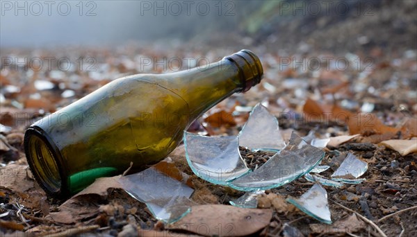 A broken bottle, shards, glass, environmental pollution, AI generated, AI generated