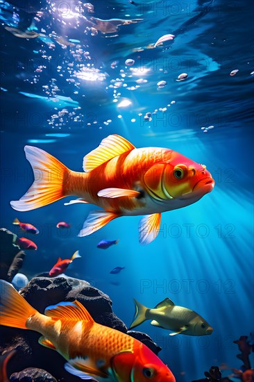 Brightly colored koi fish congregation underwater scene elegantly gliding in a peaceful atmosphere, AI generated, deep sea, fish, squid, bioluminescent, glowing, light, water, ocean