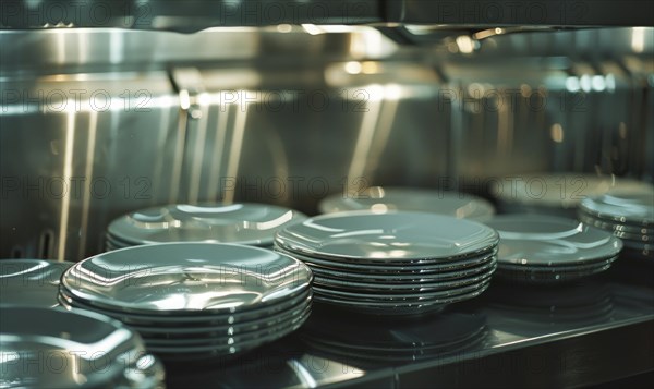 Shiny metallic plates stacked on a stainless steel shelf in a professional kitchen AI generated