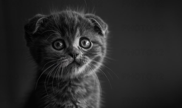A black and white portrait of a kitten with an innocent look on a dark backdrop AI generated