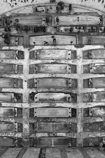 Historic burial chambers at the Monumental Cemetery, Cimitero monumentale di Staglieno), Genoa, Italy, Europe