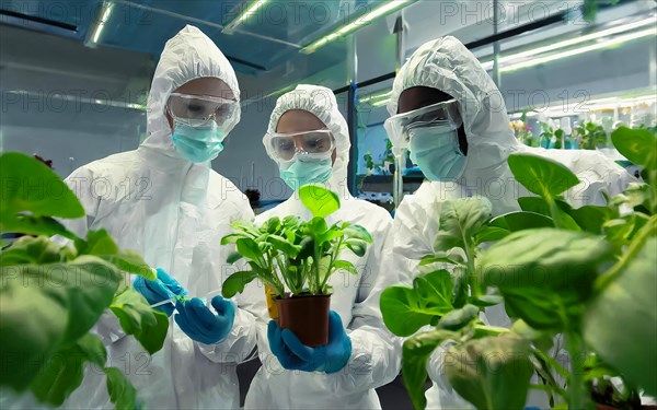 Biologists in protective suits grow vegetables in the lab, the concept of biotechnology, plant care and protection against diseases, organic food production, AI generated, AI generated