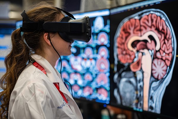 Female medical professional using a virtual reality headset to examine detailed brain scans, AI generated