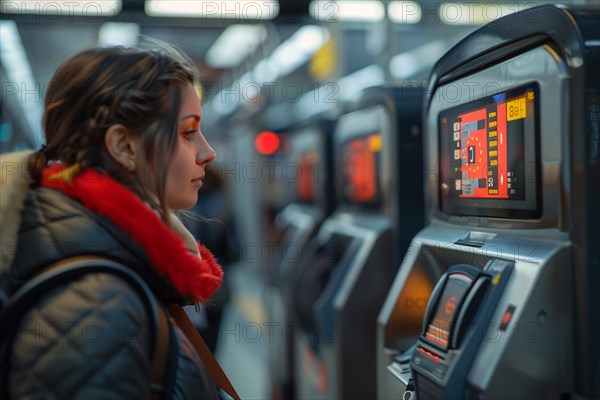 Young woman purchasing a ticket from a machine at a subway station, AI generated