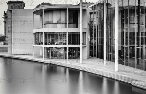 Black and white photography, long exposure, government district with the Spree and the government buildings, Berlin, Germany, Europe