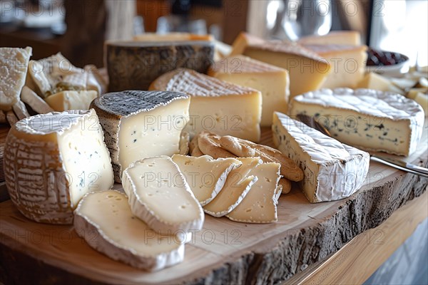 A variety of artisanal cheeses displayed on a wooden platter, AI generated