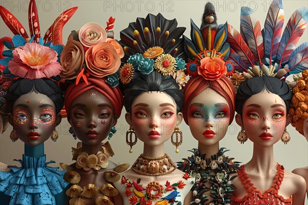 Stylized female characters in fashion-forward attire with ornate headdresses and detailed makeup, illustration, AI generated