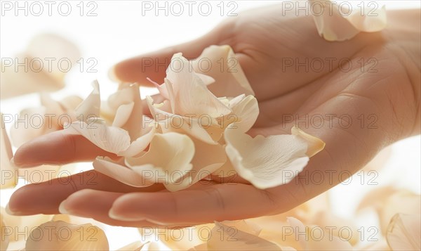 Close-up of a woman's hand with a neutral manicure, adorned with delicate flower petals AI generated