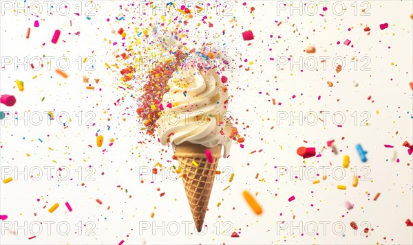 Ice cream cone explosion on white background AI generated