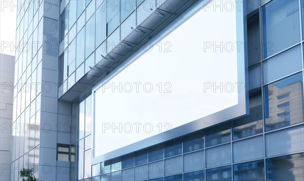 Blank screen banner mockup displayed on the modern building facade. Close Up view AI generated