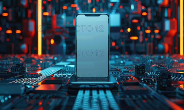 Smartphone mockup with a blank screen on a futuristic technology background AI generated