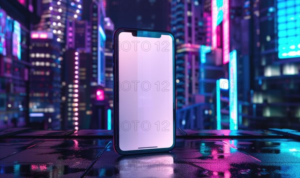 Smartphone mockup with a blank screen on a vibrant cityscape background AI generated