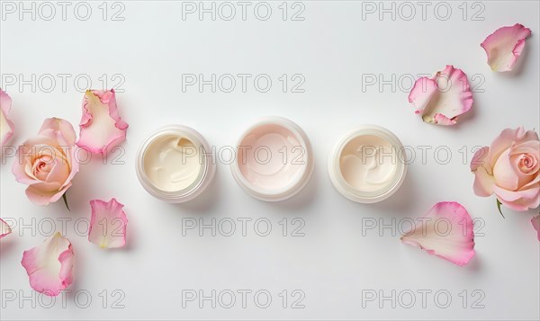 Three creme jar blank mockups nestled amidst delicate flower petals on a white background AI generated