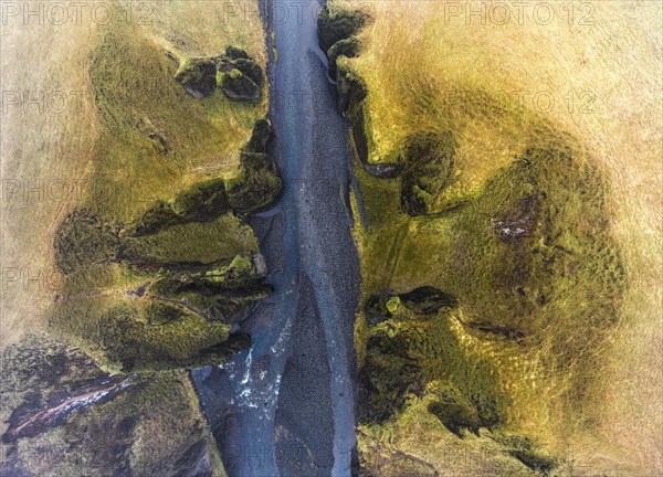 Fjadrarglijufur Canyon in the fog, Justin Bieber Canyon, drone shot, Sudurland, Iceland, Europe