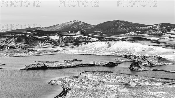 Crater lakes in volcanic landscape, onset of winter, black and white image, Fjallabak Nature Reserve, Sudurland, Iceland, Europe