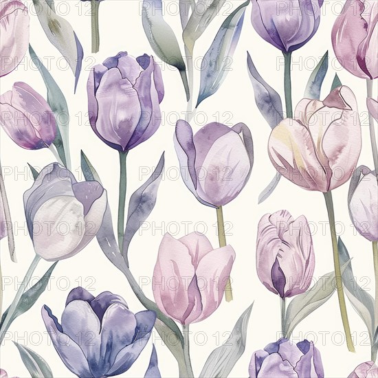 Seamless tulip watercolor flowers pattern AI generated