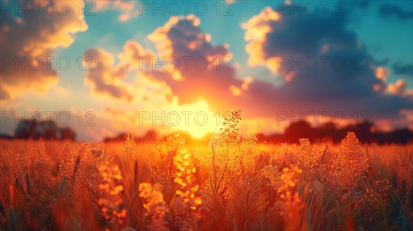 Wildflowers basking in the warm glow of a field at sunset, relaxation, recreation, serenity, naturalness, meditation, enjoyment concept, AI generated