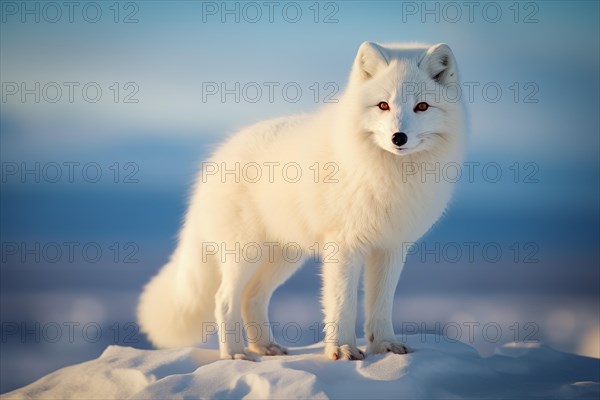 White Arctic fox standing on a snowy hill. The beauty and resilience of the fox in its natural habitat, AI generated