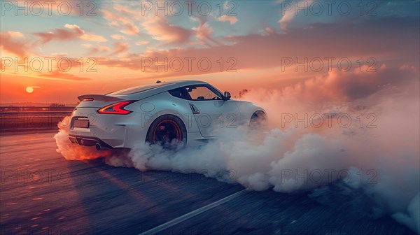 Japanese retro vintage classic White sports car drifting on a road with smoke trailing behind at sunset, AI generated