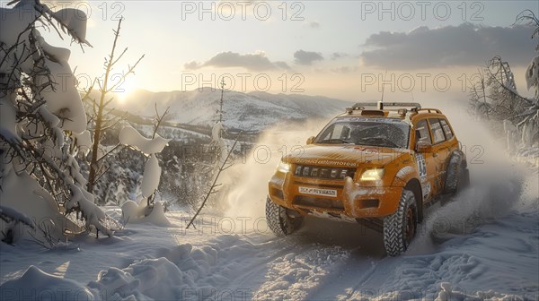 A rugged off-road vehicle forges through snow during a brisk sunrise, AI generated