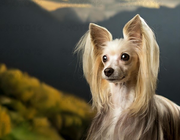 Dog, Chinese crested dog, portrait, head only, puppies, dark background, AI generated, AI generated