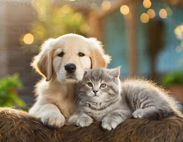 Dog, puppy of a Golden Retriever cuddling with a young cat, AI generated, AI generated